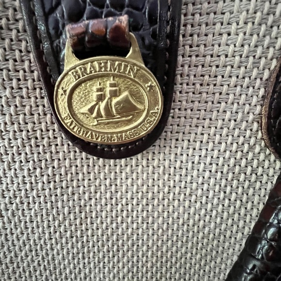BRAHMIN Harbour Collection Doctor Bag Satchel Brown Burlap/Woven Leather - Picture 4 of 16